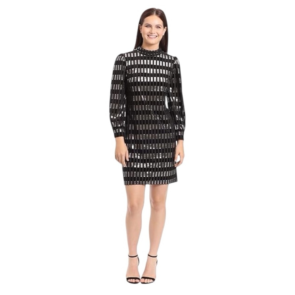 Maggy London Black and Silver Cocktail Party Dress Size 14 Texture Stripe Velvet
